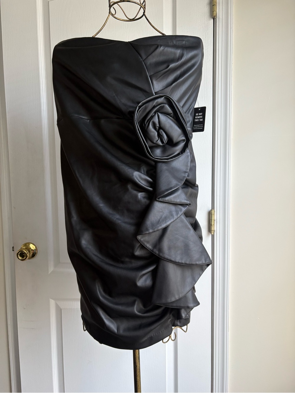 Express Black Strapless Faux-Leather Ruffle Dress with Rosette